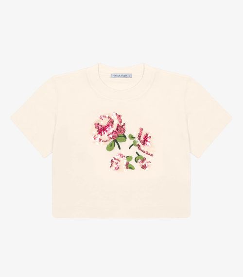 Blusa Manga Curta Aplique Lantejoulas Trick Nick Bege