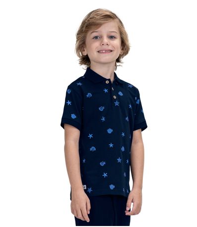 Camisa Polo Infantil Estampada Trick Nick Azul