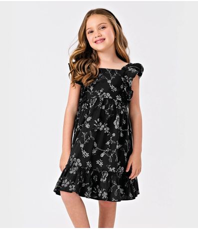 Vestido Popeline Floral Bordado Trick Nick Preto