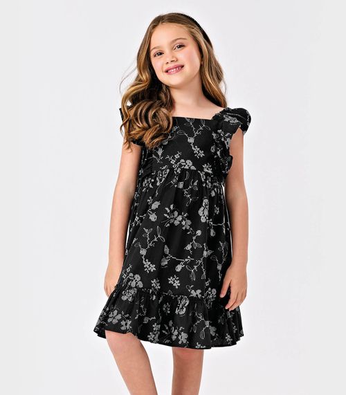 Vestido Popeline Floral Bordado Trick Nick Preto