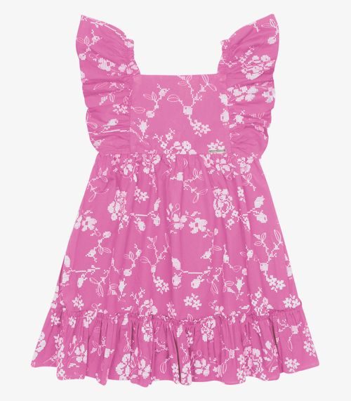 Vestido Popeline Floral Bordado Trick Nick Rosa