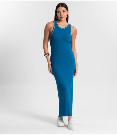 Vestido Midi sem Manga Ribana Canelada Azul