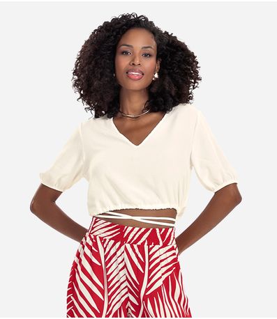 Blusa Cropped Feminina Decote V Rovitex Bege