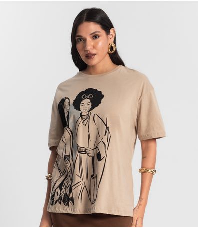 Blusa T- Shirt Feminina com Estampa Metalizada Marrom
