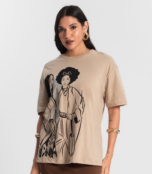 Blusa T- Shirt Feminina com Estampa Metalizada Marrom