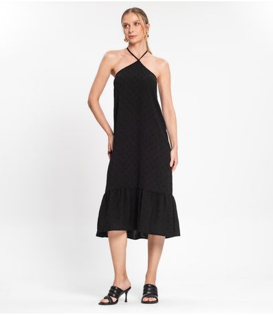 Vestido Midi de Alça e Babados em Air Flow Rovitex Preto