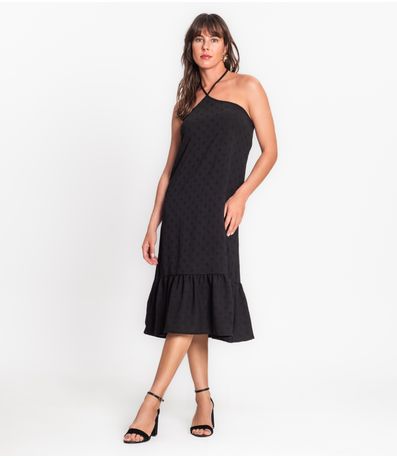 Vestido Midi de Alça e Babados em Air Flow Rovitex Preto