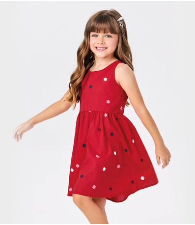 Vestido Tricoline Bordado Florzinhas Trick Nick Vermelho