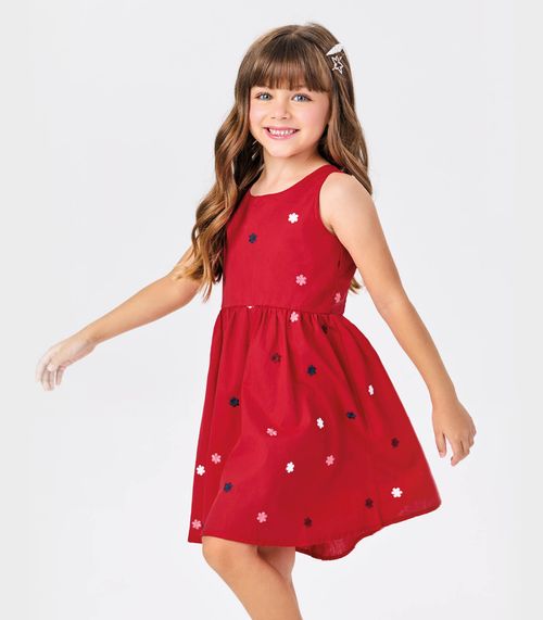 Vestido Tricoline Bordado Florzinhas Trick Nick Vermelho