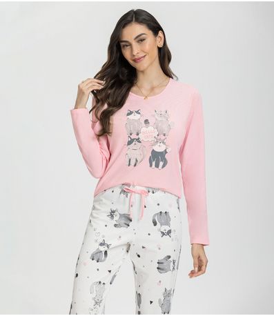 Pijama Manga Longa Gatinhos Mensageira Da Paz Rosa