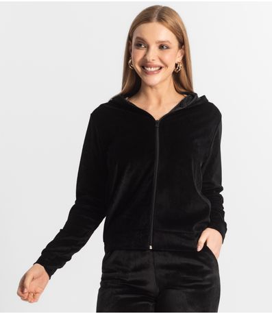 Jaqueta Feminina De Plush Com Capuz RechSul Preto