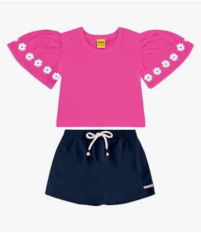 Conjunto com Shorts Saia Meia Malha Rovi Kids Rosa