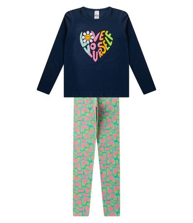 Conjunto Menina Em Cotton Manga Longa Kappes Azul