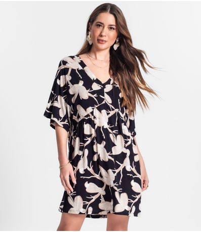 Vestido Curto Estampa Pássaros Rovitex Preto