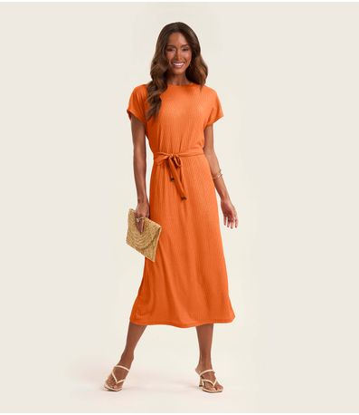 Vestido Midi Em Ribana Canelada Lurex Rovitex Laranja
