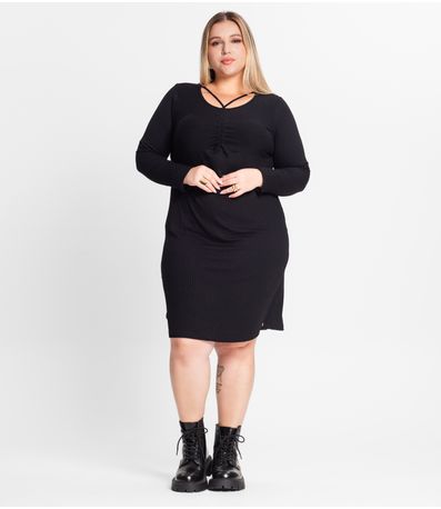 Vestido Plus Size Em Ribana Canelada Secret Glam Preto