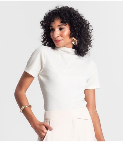 Blusa Gola Alta Em Ribana Canelada Lurex Rovitex Bege