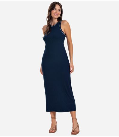 Vestido Midi sem Manga Ribana Canelada Azul