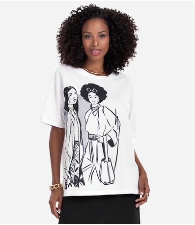 Blusa T- Shirt Feminina com Estampa Metalizada Branco