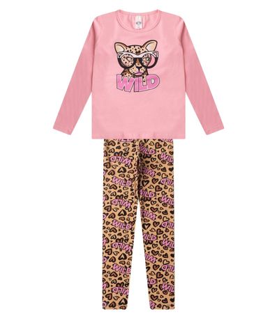 Conjunto Menina Em Cotton Manga Longa Kappes Rosa