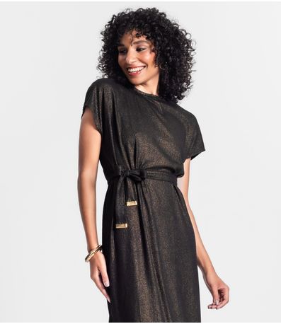 Vestido Midi Em Ribana Canelada Lurex Rovitex Preto