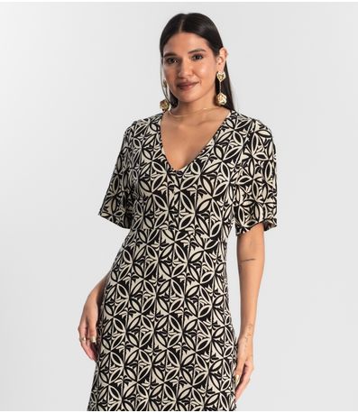 Vestido Estampado Feminino Midi Preto