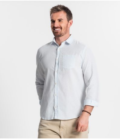 Camisa Social Masculina Básica Com Bolso Select Azul