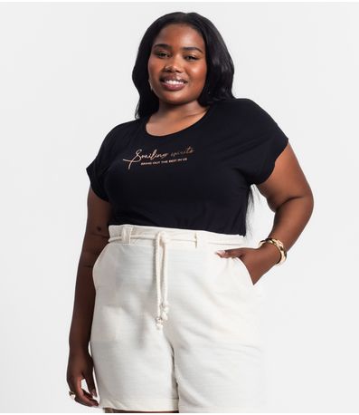Camiseta Feminina Plus Size Estampada Secret Glam Preto