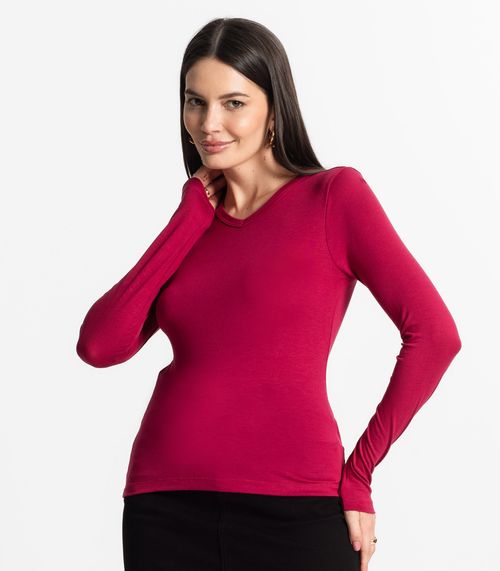 Blusa Manga Longa Decote V Básica Select Vermelho