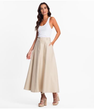 Saia Feminina Midi Godê Sarja Com Bolso Select Bege