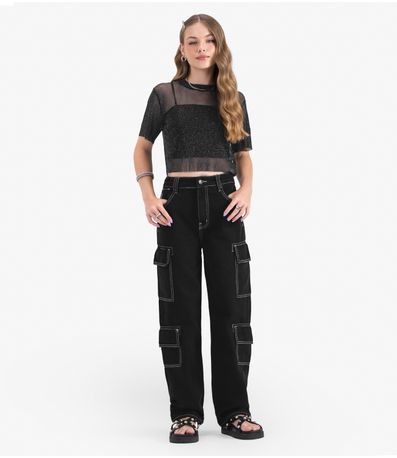Blusa Com Sobreposição Juvenil Feminina Minty Preto