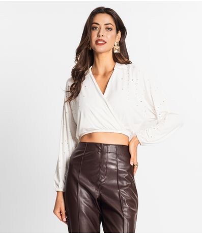 Camisa Feminina Manga Longa Com Strass Endless Bege