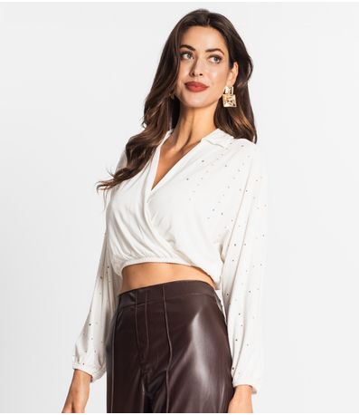 Camisa Feminina Manga Longa Com Strass Endless Bege