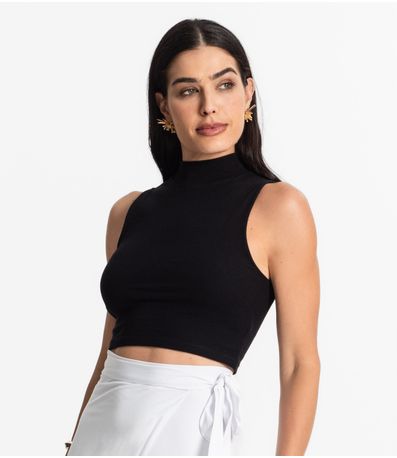 Blusa Sem Manga Gola Alta Em Ribana Algodão Select Preto