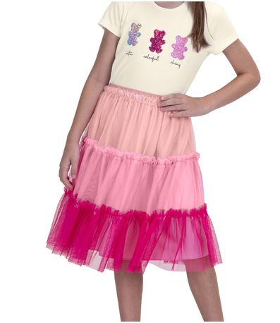 Saia Midi Infantil De Tule Com Babados Trick Nick Rosa