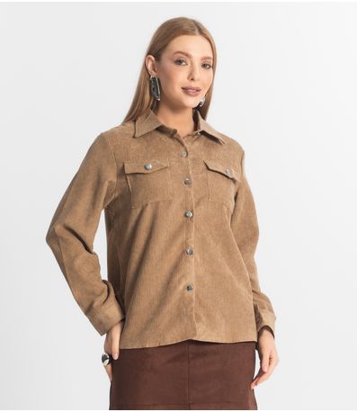 Camisa Feminina Cotelê Com Botões Atrativa Modas Bege