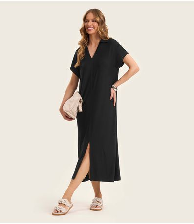 Vestido Midi em Visco Creponada Rovitex Preto