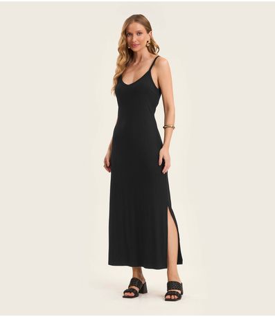 Vestido Midi em Ribana Canelada Rovitex Preto