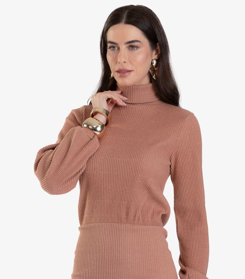 Vestido Canelado Manga Longa Com Gola Nolita Rosa