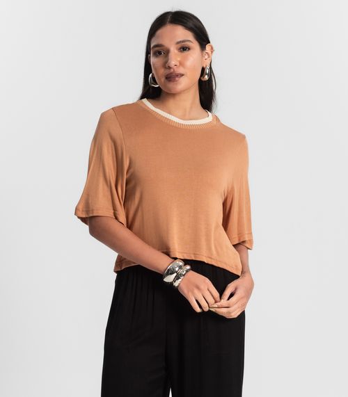 Camiseta Feminina Meia Malha Manga Fluída Rovitex Marrom