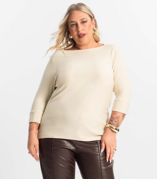 Blusa Plus Size Manga 3/4 Secret Glam Bege
