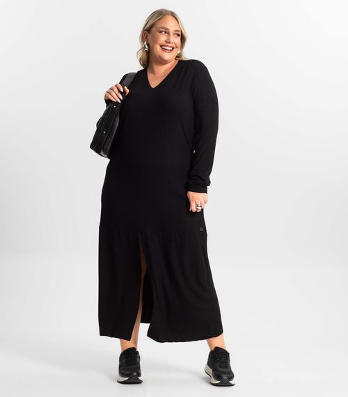 Vestido Midi Plus Size Manga Longa Secret Glam Preto