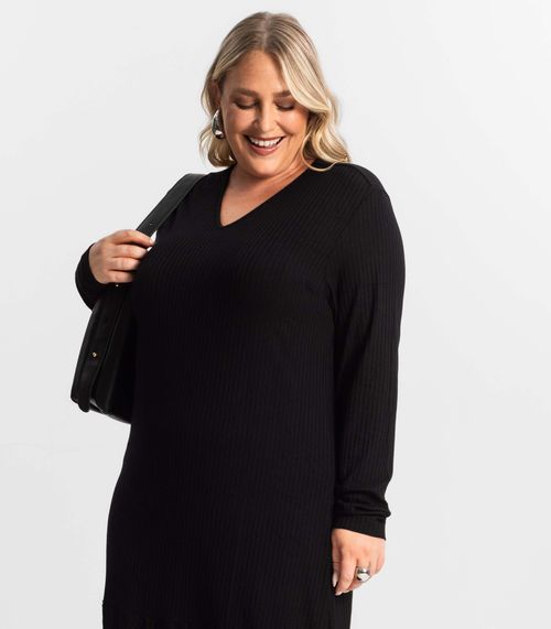 Vestido Midi Plus Size Manga Longa Secret Glam Preto