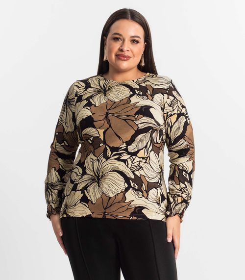 Blusa Plus Size Manga Longa Feminina Secret Glam Marrom