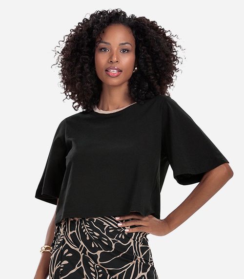 Camiseta Feminina Meia Malha Manga Fluída Rovitex Preto