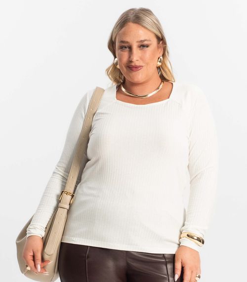 Blusa Plus Size Em Ribana Canelada  Secret Glam Bege