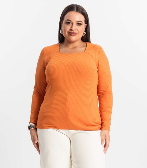 Blusa Plus Size Em Ribana Canelada  Secret Glam Laranja
