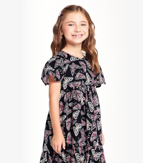 Vestido Midi Infantil Borboletas Trick Nick Preto
