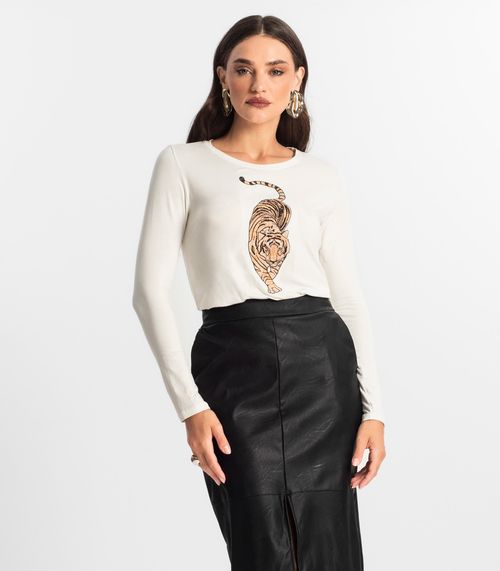 Blusa Manga Longa com Bordado Endless Bege