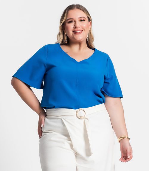 Blusa Plus Size Feminina Decote V Secret Glam Azul